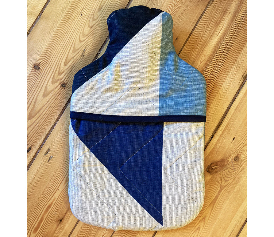Quilted Pennon; blue, navy and black hot water bottle.