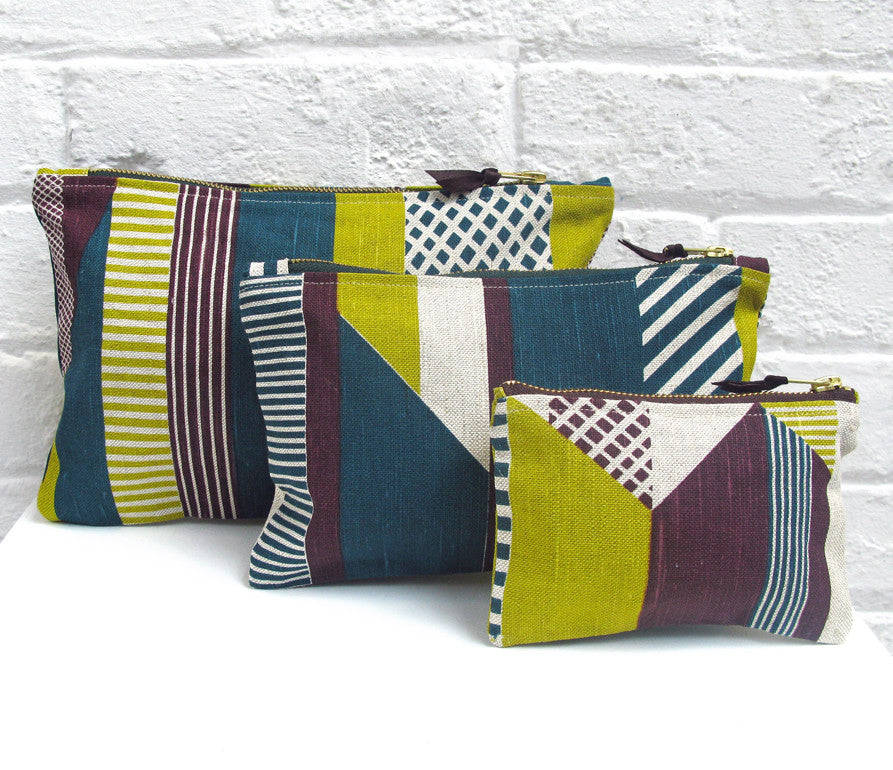 Textured Stripe pouch: Aubergine, Lime, Teal
