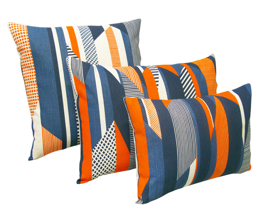 Textured Stripe Cushion: Blue, Navy, Orange
