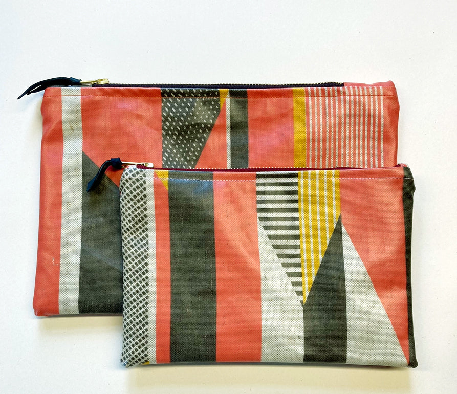 NEW: Oilcloth Textured Stripe Pouch: Pink, Yellow, Grey