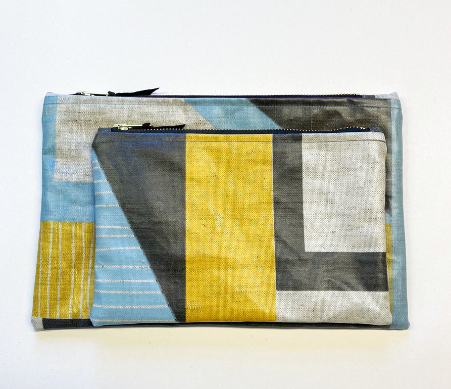 NEW: Oilcloth Abstract Square Pouch: Blue, yellow, grey