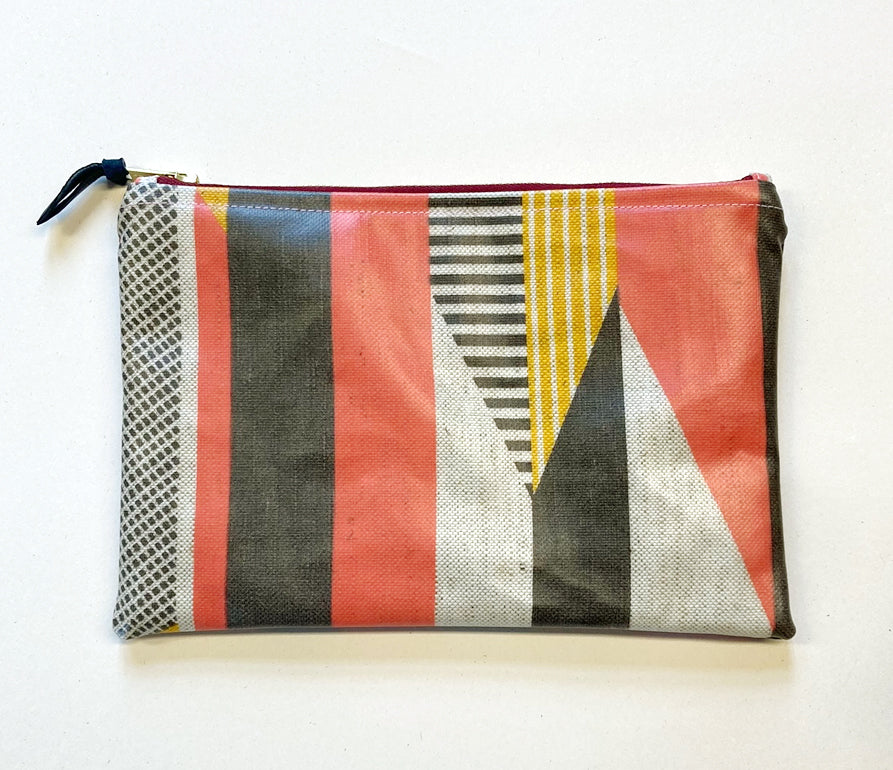 NEW: Oilcloth Textured Stripe Pouch: Pink, Yellow, Grey