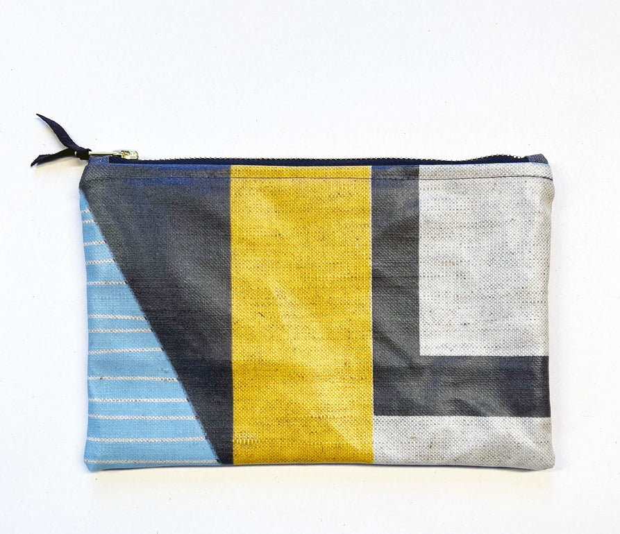 NEW: Oilcloth Abstract Square Pouch: Blue, yellow, grey