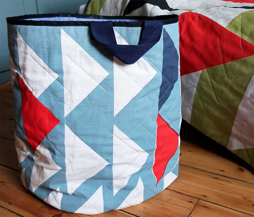 Piecework Quilted Storage Basket: Blue grey and Red